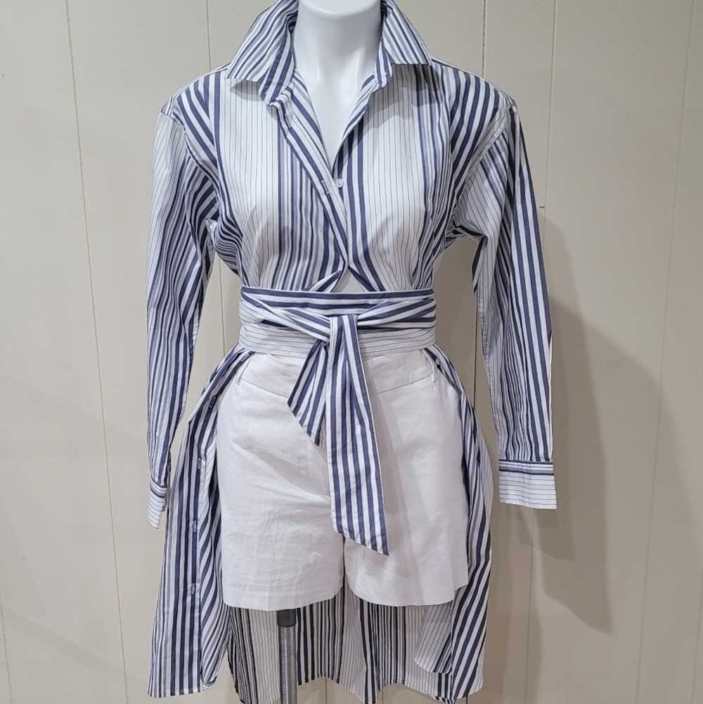 Striped Belted Midi Cotton Shirt Dress Womens Size XS - Picture 1 of 14